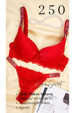 Murays Kadın 3lü Taşlı Mikro Sütyen Takım Siyah/kırmızı/yeşil