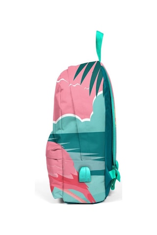 Coral High Yeşil Pembe Flamingo Desenli Sırt Çantası Okul ve Günlük - USB+AUX Soketli