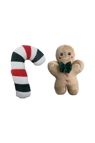 Sevimli Kurabiye Adam Peluş 40 Cm Ve Baston Şeker Yastık Peluş 45 Cm Yılbaşı Dekorasyon Çok Renkli