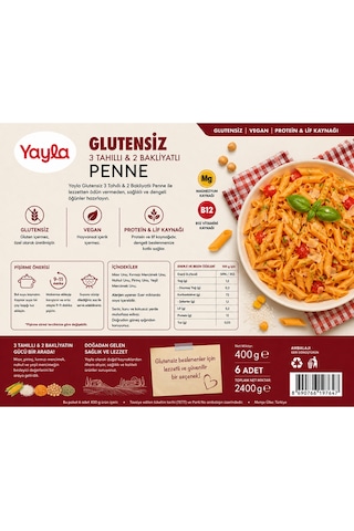 Yayla Glutensiz 3 Tahıllı & 2 Bakliyatlı Penne Makarna 400 Gr X 6 Lı Avantaj Paketi Protein & Lif Kaynağı