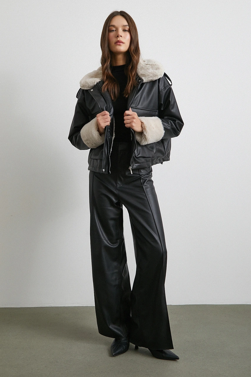 Körüklü Cep Deri Mont Siyah Siyah