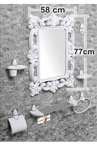 Büyük Dev 77 Cm Aynalı Çok Parçalı 7 Parça Beyaz Banyo Ayna Seti Beyaz