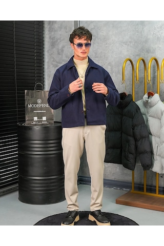 Modefendi Orta Slim Fit Düğme Detaylı Kaşmir Kaban Lacivert
