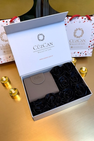 Premium Gift Rose Box - Miosa Vizon Hakiki Deri Kadın Cüzdan Siyah Gül Kutusu Vizon