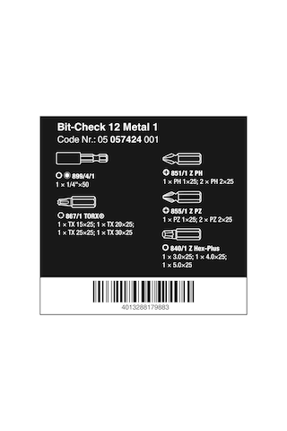Wera 05057424001 Ürün Çeşitleri, Bit-check Metal 1, 12 Parça, Ade