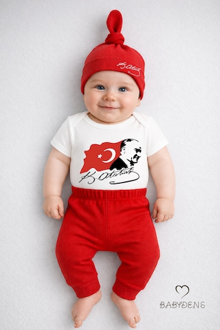 Babyden's Atatürk Baskılı Kısa Kol 3 Lü Bebek Takımı %100 Pamuk Body Pantolon Şapka Set Bayramlık Bebek Kombin Kırmızı - Beyaz