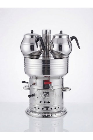 12 Litre Çift Musluklu Semaver + 2 Adet Büyük Demlik Hediyeli Krom