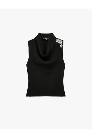 Koton Çiçekli Taş Detaylı Regular Fit Viskon Karışımlı Dik Yaka Kolsuz Triko Atlet Siyah 7wak30054ht