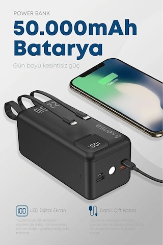 50.000 Mah Dijital Göstergeli Dahili Çoklu Kablolu Powerbank Süper Hızlı Şarj Taşınabilir Şarj Siyah