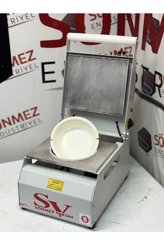Sönmez Vakum 20 Cm Yuvarlak Karton Tabak Kapatma Makinesi Salata Makarna Paketleme Makinesi