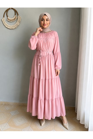Efulim Womens İpli - Astarlı Salaş Şifon Tesettür Elbise Pembe