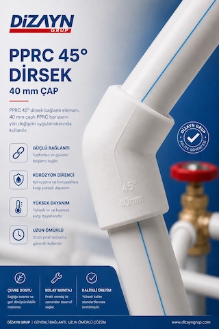 Dizayn Pprc 45 Derece Dirsek 40 Mm 20 Adet Pn25 Temiz Su Tesisat Boru Ek Parçası