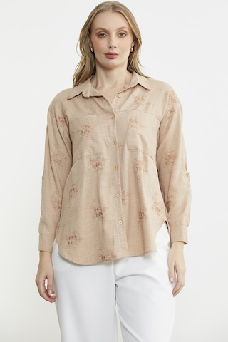 Çiçek Nakış Detaylı Cepli Gömlek - Bej Bej