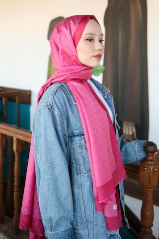 Premium Lux Original Monogram Şal İpek Vual, Yüksek Kalite, Hafif, Rahat, Şık, Tesettür, Shawl Fuşya Şeritli - Logolu
