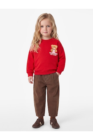 Koton Ayıcık Baskılı Arkası Baskılı Uzun Kollu Bisiklet Yaka Şardonlu Sweatshirt Kırmızı 7wmg10158ak