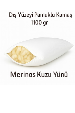 Ozn Home %100 Doğal Yün Yastik Meri Nos Yünü Yastik 1000 Gr Dolgulu Yastik Beyaz