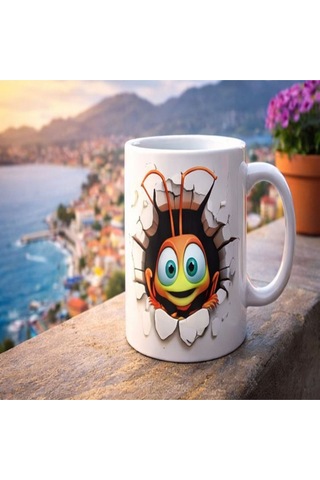 Sevimli Böcek Karakter 3d Tasarımlı Kupa Eğlenceli Karikatür Kahve Kupası Beyaz