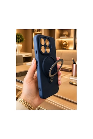 Mi 17t Pro İle Uyumlu 360 Derece Dönebilen Kalın Metal Magsafe Halka Stantlı İçi Kadife Korumalı Ultra Lüx Premium Silikon Kılıf Lacivert
