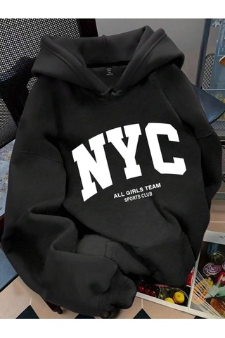 Josette Nyc Baskılı Kapüşonlu Oversize Sweatshirt Siyah-sw