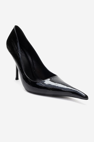 Luvishoes Luce Siyah Baskılı Sivri Burunlu Kadın Topuklu Ayakkabı Siyah