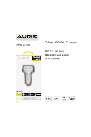 Auris 5.4A 3 Usb Girişli Oto Çakmaklık Araç Hızlı Şarj Cihazı Beyaz