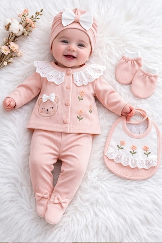 Sitilin Kız Bebek Fistolu Lüks Süslü İşlemeli 5 Li Hastane Çıkışı Yenidoğan Set Stl7167 Baskılı
