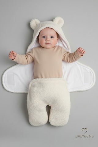 Babyden's 0-12 Ay Welsoft Peluş Bebek Dış Kundak Uyku Tulumu Ayıcık Kulaklı İçi %100 Pamuk Astarlı Battaniye Ekru