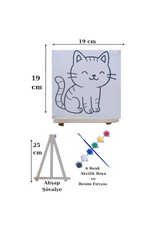 Çocuklar İçin Tuval Boyama Seti Kedi Mod2 19x19 Cm Tuval, Şövale, Fırça Ve 6 Renk Akrilik Boya Seti