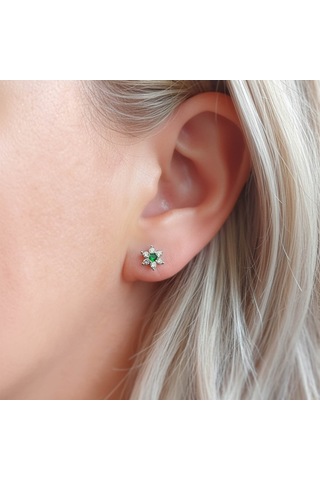 925 Ayar Gümüş Yeşil Taşlı Minimal Lotus Küpe Gümüş