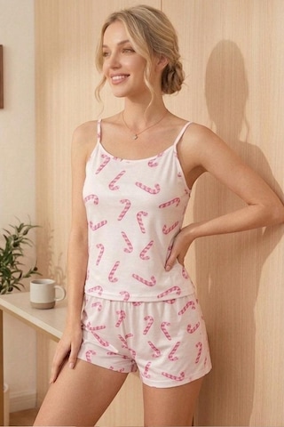Fit Women Baston Şeker Desenli İp Askılı Şortlu Pijama Takımı 4613 -pembe