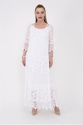 Eren Style İtalyan Sunshine İpek Detaylı Dantelli Elbise-9033 Beyaz