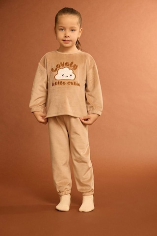 Defacto Kız Bebek Pijama Takımı Bulut Baskılı Uzun Kollu Welsoft Pelüş Üst Uzun Alt G1527a525wnbg400 Bej-bg400