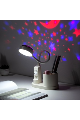 Hfambition Çalışma Masası İçin Renkli Projeksiyonlu Masa Lambası Ve Kalemlik Kombinasyonu - Pembe