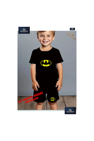 Ss Sinser Çocuk Batman Logo Özel Baskılı Bisiklet Yaka Tişört - Şort Takım Siyah