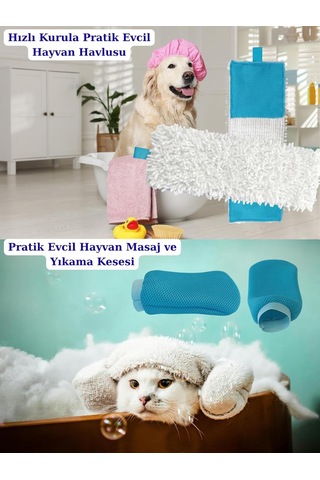 Pratik Evcil Hayvan Banyo Seti, Ped Evcil Hayvan, Köpek, Kedi, Mikrofiber Kurulama Havlusu Ve Yıkama Kesesi, 55x20 Cm, 2'li Takım Beyaz