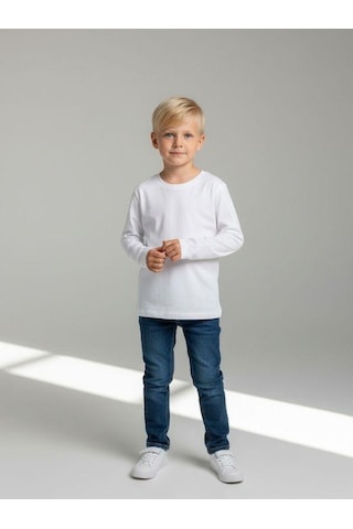 Zekids Erkek Çocuk Pamuklu Bisiklet Yaka Uzun Kollu Basic T-shirt-16775 Ekru
