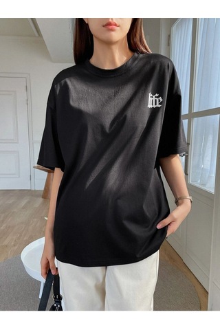 Flood Of Style Kadın Siyah Life Attıtucle Baskılı Oversize Bisiklet Yaka Tshirt