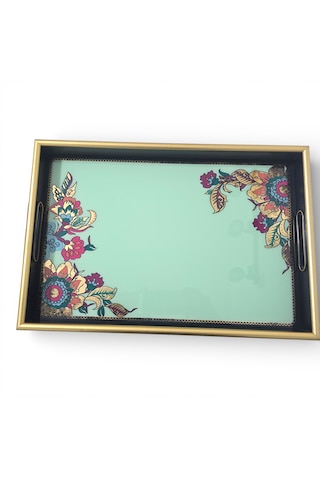 Sudedi Home Altın Çerçeveli Yeşil Floral Desenli Melamin Sunum Tepsisi 31x46 Cm Yeşil