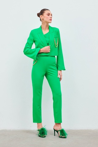 Sateen Zincir Aksesuarlı Pantolon - Yeşil