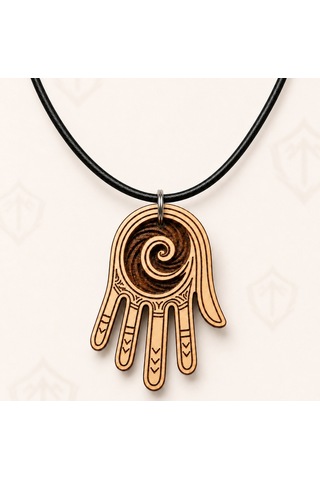 Spiral Hamsa Eli Ahşap Kolye 44x30 Mm - Siyah İpli Bohem Unisex 01 - Ekru