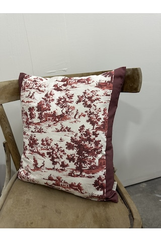 Toile De Jouy Monet Kırlent Kılıfı 43x43 Cm %100 Pamuk Dijital Baskılı Country Tarzı Fransız Dekoratif Yastık Kılıfı - Zt750 Kırmızı
