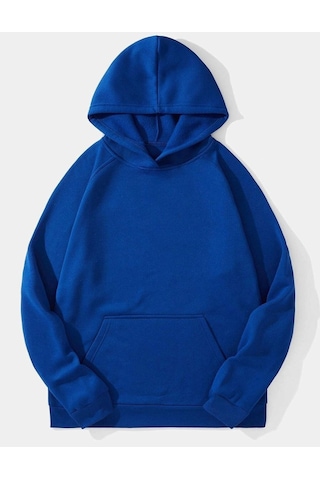 Düz Basic Sweatshirt - Sax Mavi Oversize Kapüşonlu Saks Mavi