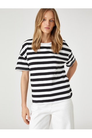 Koton Relax Fit Tişört Kısa Reglan Kollu Pamuklu Siyah Çizgili 1yap13207ek Siyah