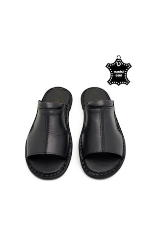 Tamamen Hakiki Deri Ve Topuk Yastıklı Sistemli Ortopedik Erkek Terlik Siyah-60 Siyah