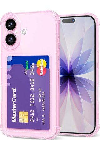 Teknomoda Apple Uyumlu iPhone 17 Kılıf Kartlıklı Anti Şok Korumalı Şeffaf Silikon Pembe Pembe