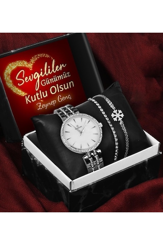 Sevgililer Gününe Özel Kişiye Özel Kutulu Metal Kordon Saat & Kar Tanesi Bileklik & Zirkon Taşlı Bileklik Seti Çok Renkli