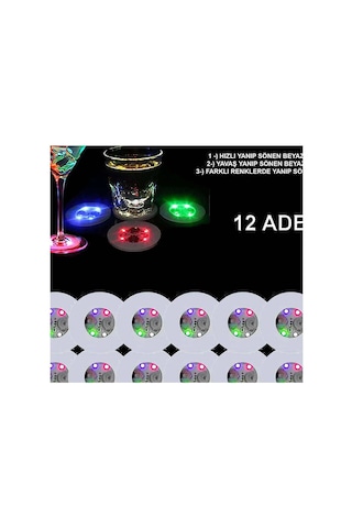 Renkli Led Işıklı Bardak Altlığı - Dekoratif 12 Adet, Pilli Evimdeyokyok Diğer