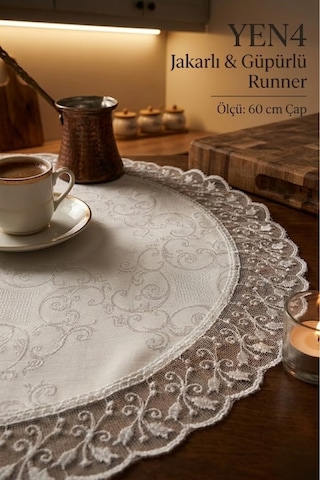 Lüks Dekoratif Yuvarlak Runner Güpür Kenarlı Jakarlı Desenli Orta Sehpa Örtüsü 60 Cm Çap Beyaz Kırık