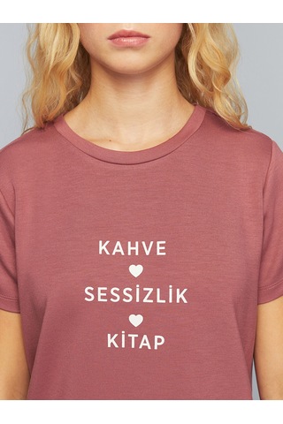 Lcw Everyday Pembe Bisiklet Yaka Slogan Baskılı Kadın Tişört