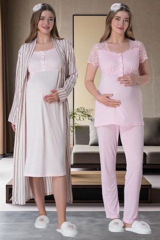 Mecit Pijama Mecit 6063 Kadın Hamile Lohusa Pembe Sabahlık Gecelik Pijama Set 001